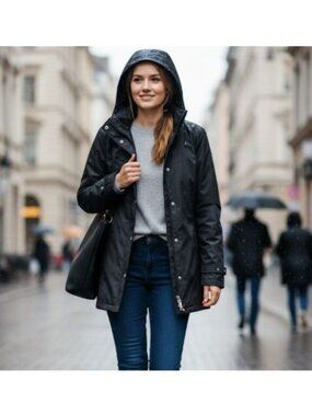 ⭐Black Hooded Raincoat Women's Small Windbreaker Mid-Weight Jacket Weatherproof